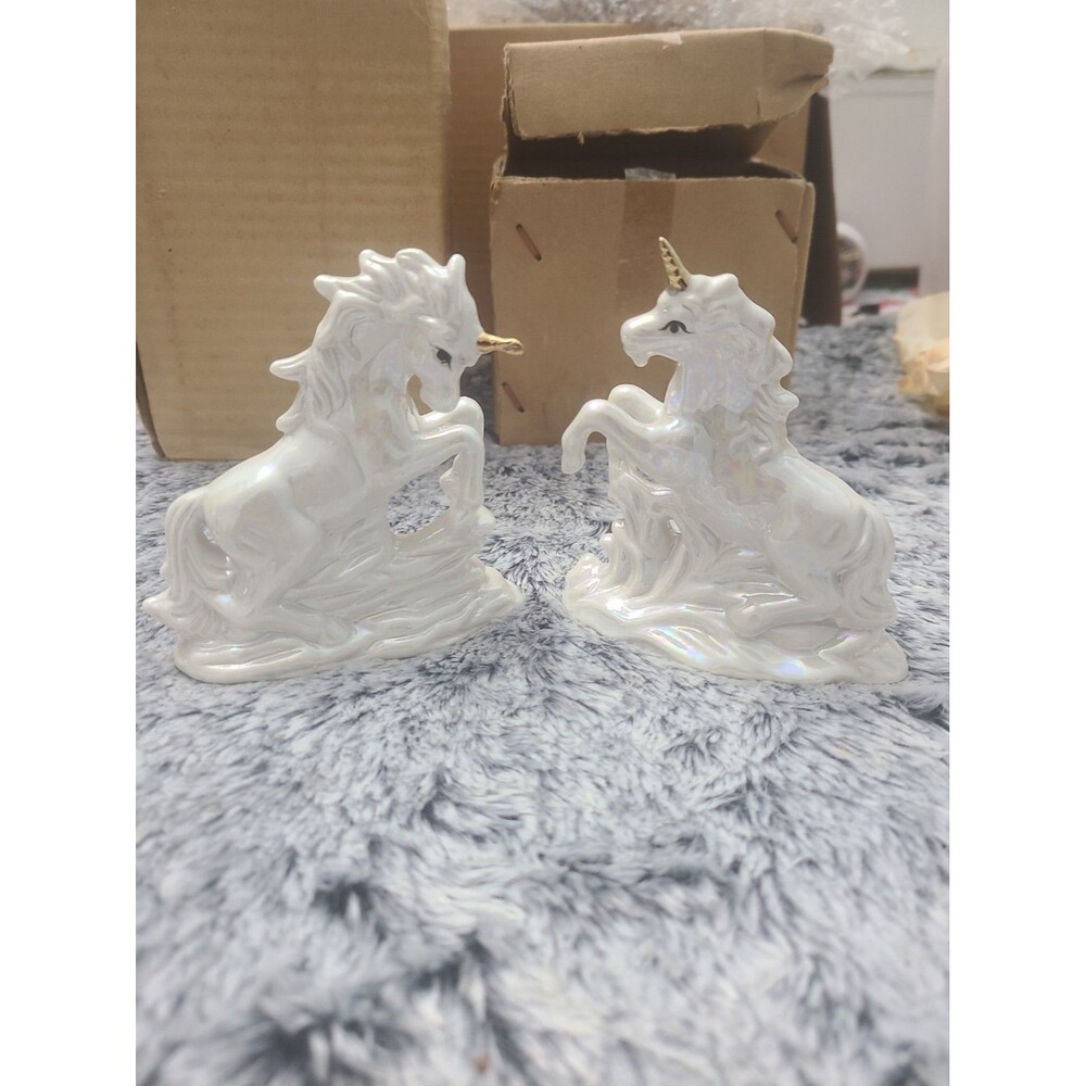 Vintage White Porcelain Unicorn Figurines Set of 2 New in Box Made in China